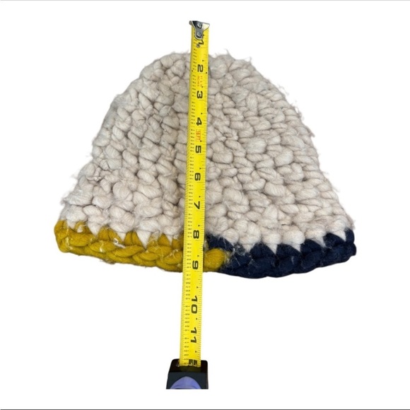 Mischa Lampert Wool Handcrafted Beanie — White & Yellow Chunky Knit Slouchy, OS main image 6